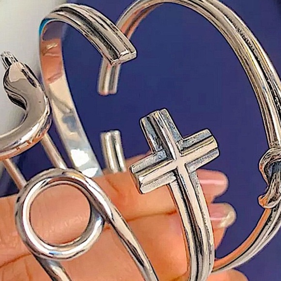 Cross Sterling Silver Bangle Cuff Minimalist Bracelet - Picture 3 of 6